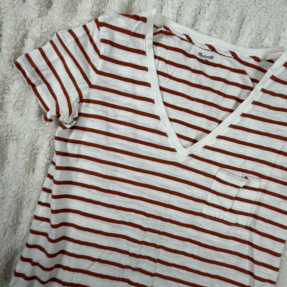 Madewell Womens V-Neck Striped Pocket T-Shirt Rust White Cotton G5741 XS